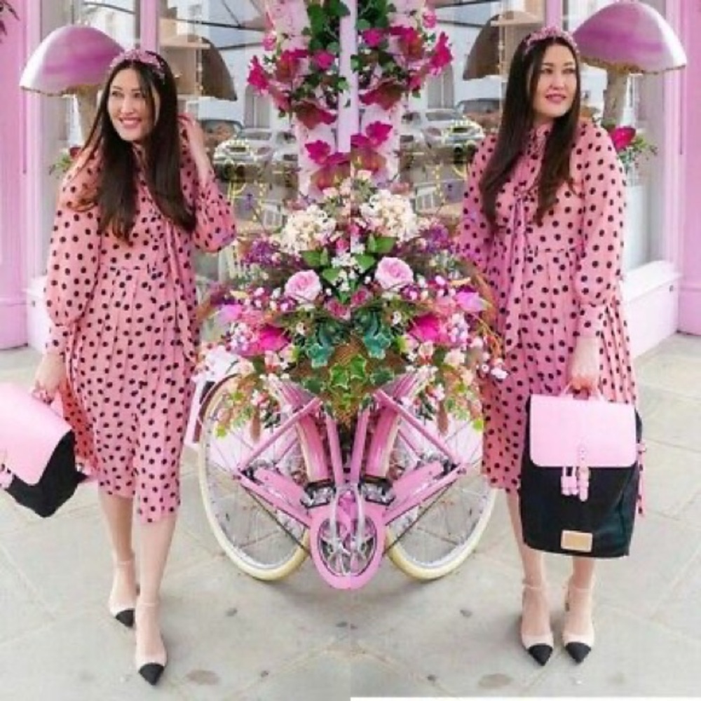 Zara Pleated Polka Dot Long Sleeve Dress w/ Neck Tie Pink/Black NWT. - Picture 2 of 9